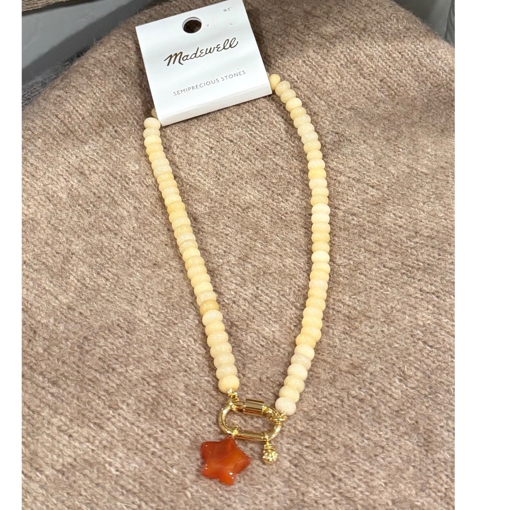 Madewell Semiprecious Stone Star Charm Beaded Necklace Yellow Orange NZ887 NEW